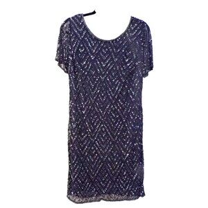 Sequin Navy Blue Short Sleeve Evening Dress by Prelude Size 16 Zipper Closure